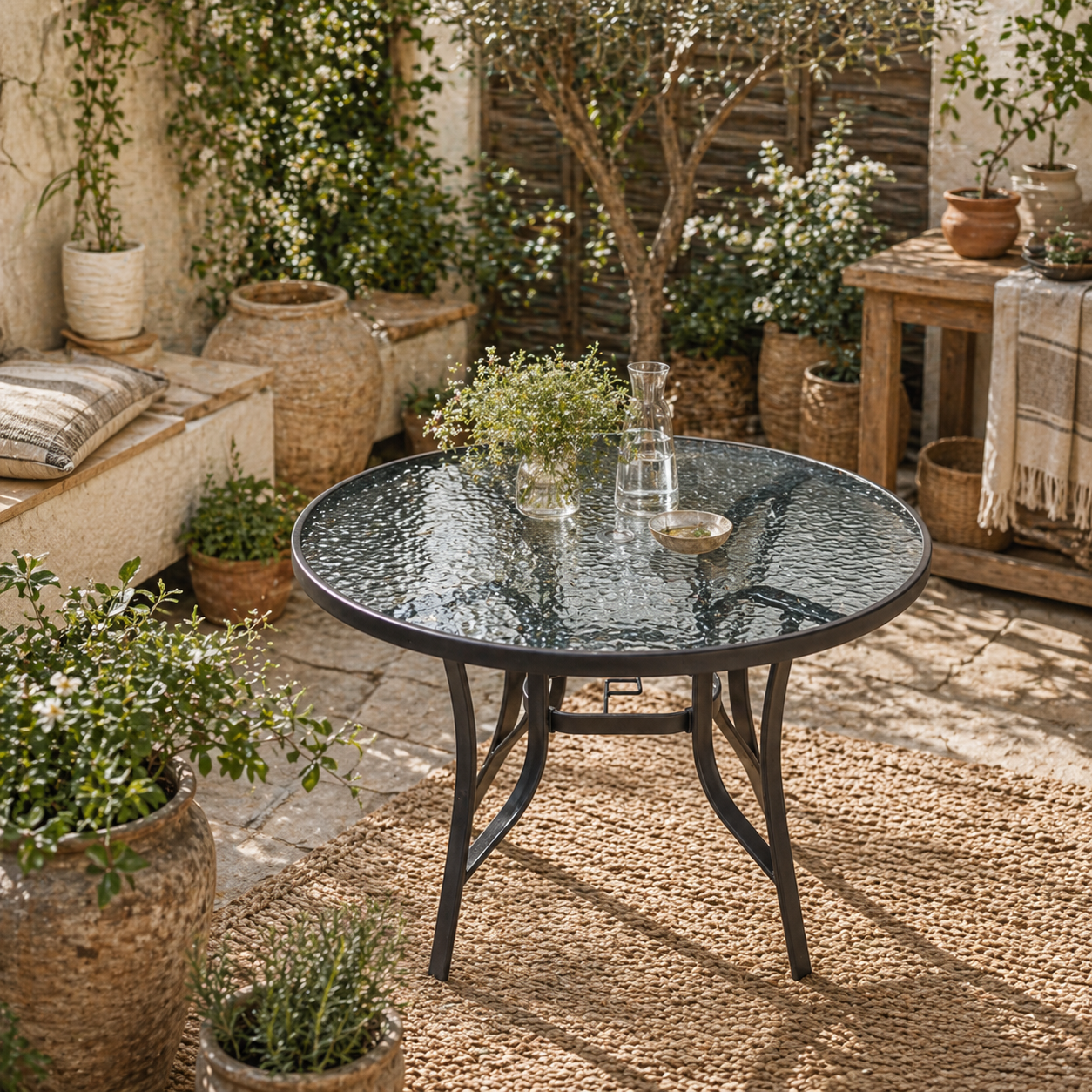Momi Steel And Glass Round Garden Dining Table With Parasol Hole