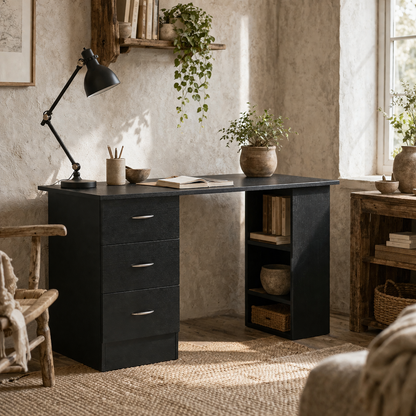 Tonosa 120cm Wooden Black Study Desk With 3 Shelves And 3 Drawers