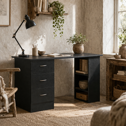 Tonosa 120cm Wooden Black Study Desk With 3 Shelves And 3 Drawers
