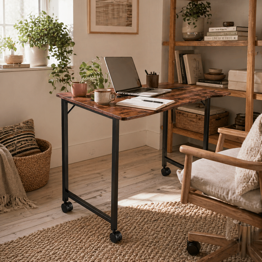Zika 80cm Wooden Rustic Brown Folding Desk Lockable Wheels
