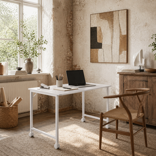 Veso 80cm Wooden White Folding Desk Lockable Wheels