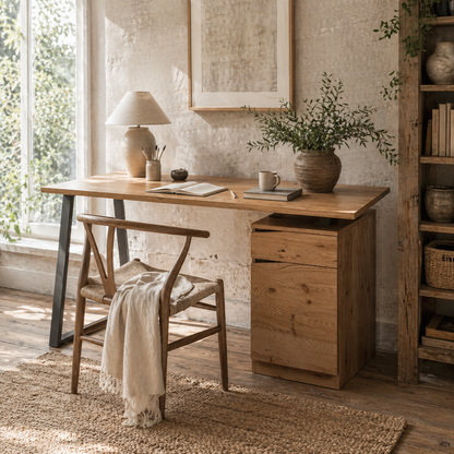 Nolole 135cm Natural Wood Home Office Desk With Storage Drawer and Cabinet