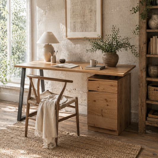 Nolole 135cm Natural Wood Home Office Desk With Storage Drawer and Cabinet