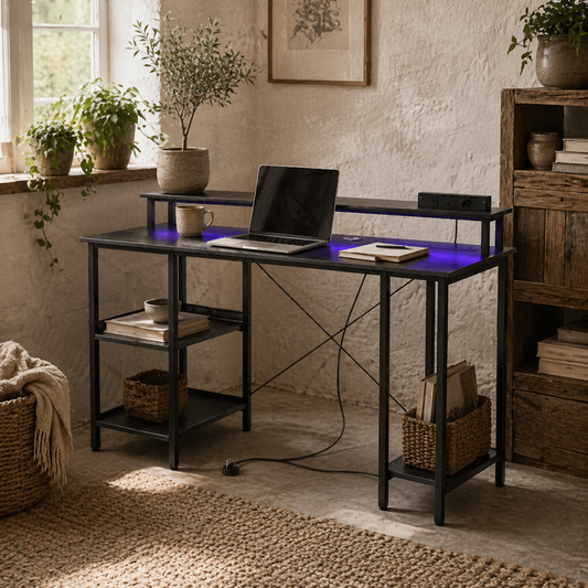Sona 120cm Dark Grey Gaming Desk With Power Outlets And Storage Shelves