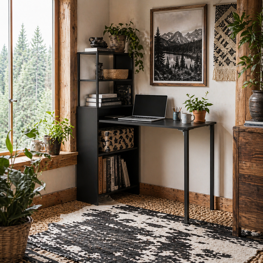 Serana 105cm Wooden Black Folding Work Table With Integrated Shelving