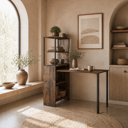 Serana 105cm Wooden Brown Folding Work Table With Integrated Shelving