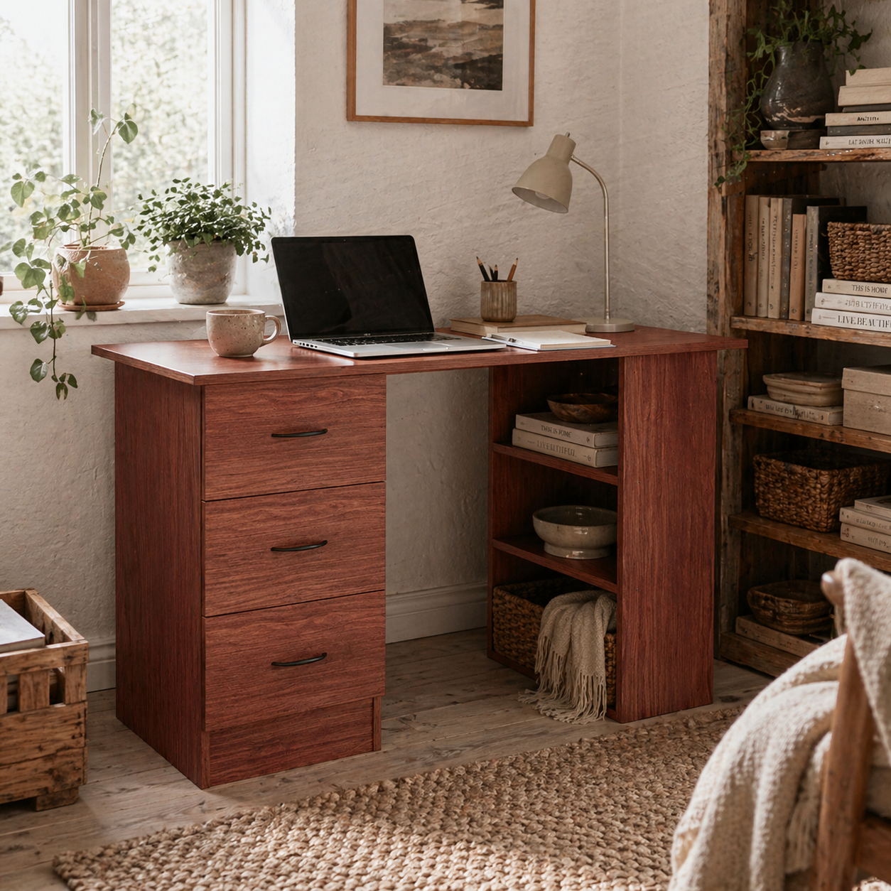 Mimi 120cm Wooden Walnut Brown Home Office Desk With 3 Shelves And Drawer Storage