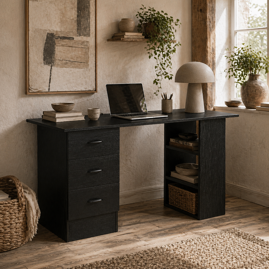 Malilu 120cm Wooden Black Home Office Desk With 3 Shelves And Drawer Storage