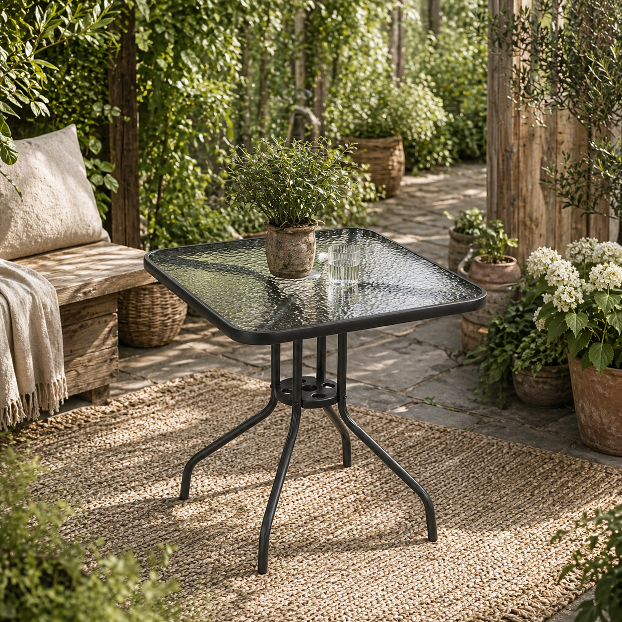 Laloke Metal And Glass Square Garden Dining Table With Umbrella Hole