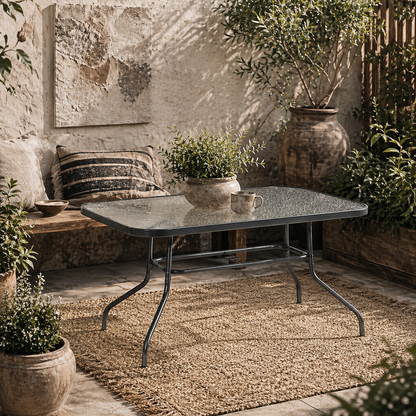 Lemone 120cm Metal Grey Rectangular Garden Dining Table With Glass Top And Parasol Hole