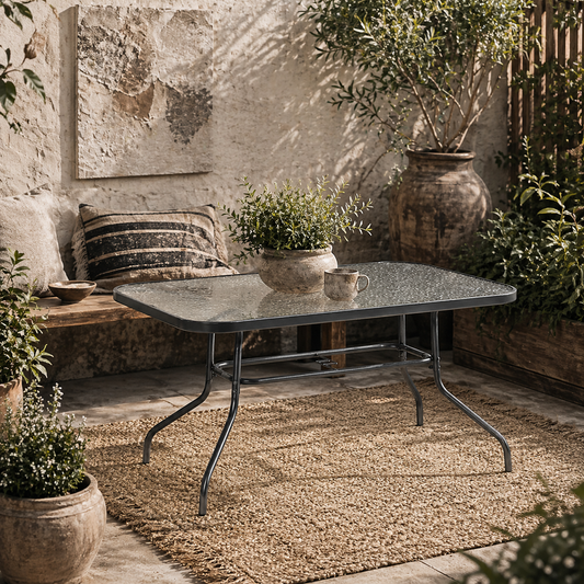 Lemone 120cm Metal Grey Rectangular Garden Dining Table With Glass Top And Parasol Hole