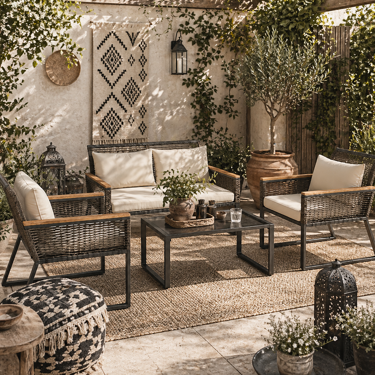Rimodo Rope Wicker Grey 4 Seater Outdoor Garden Furniture Set With Glass Coffee Table