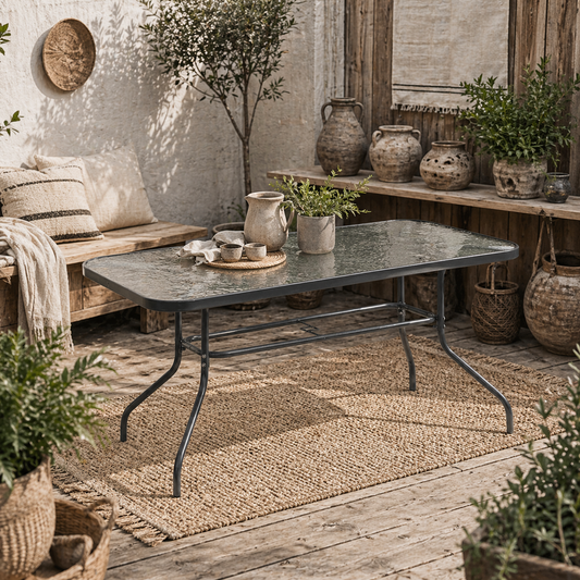 Lemone 140cm Metal Grey Rectangular Garden Dining Table With Glass Top And Parasol Hole