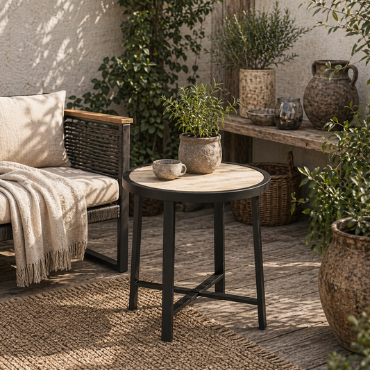 Moreve Black and Natural Wood Effect Round Outdoor Side Table With Steel Frame
