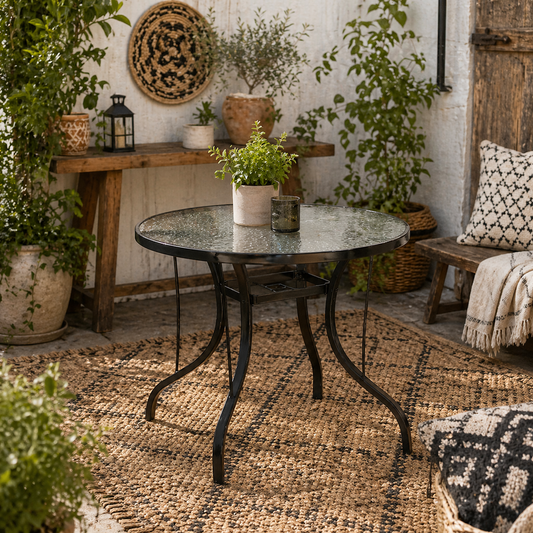 Reka Glass Top Round Outdoor Dining Table With Parasol Hole