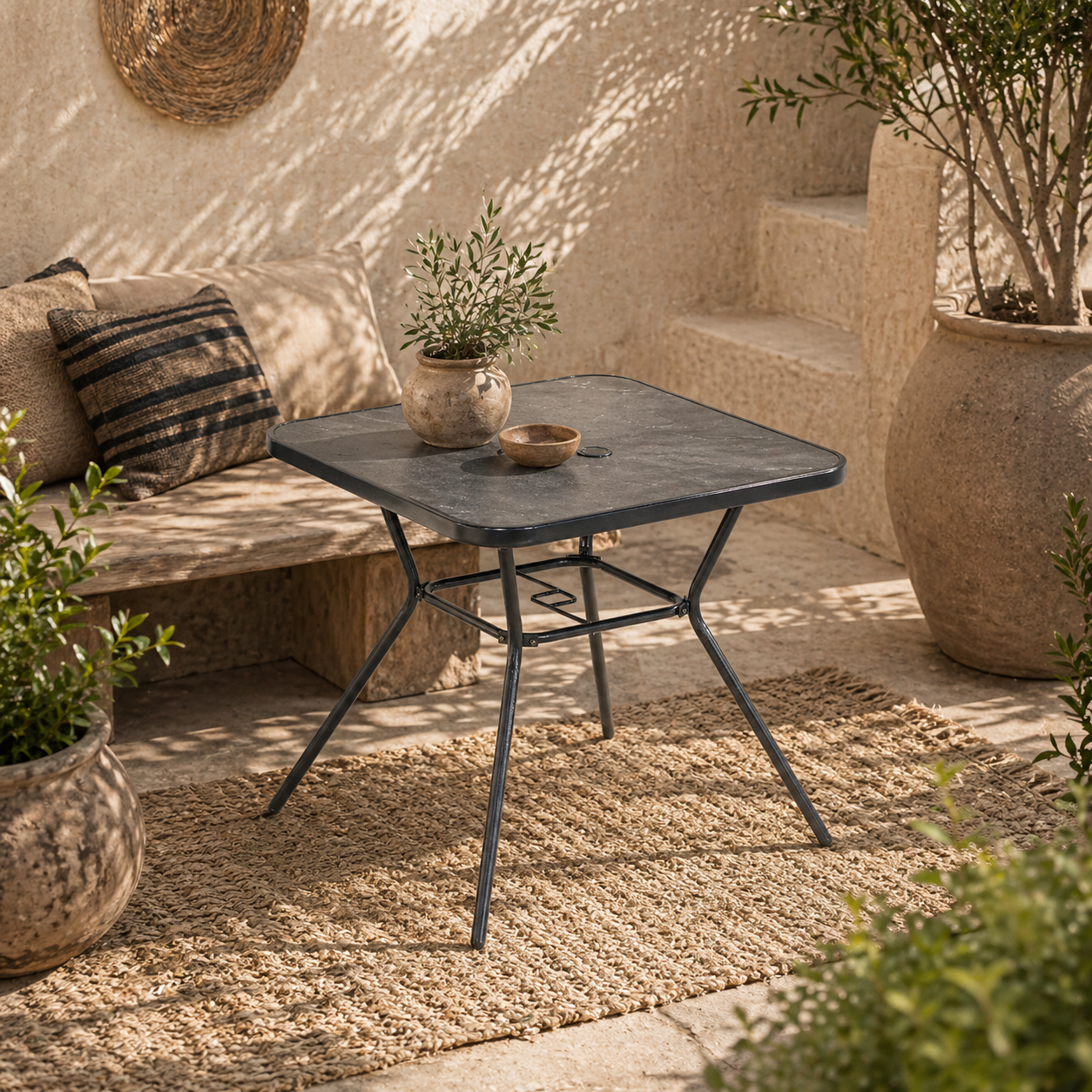 Nana Steel And Glass Square Outdoor Table With Marble Effect Top And Umbrella Hole