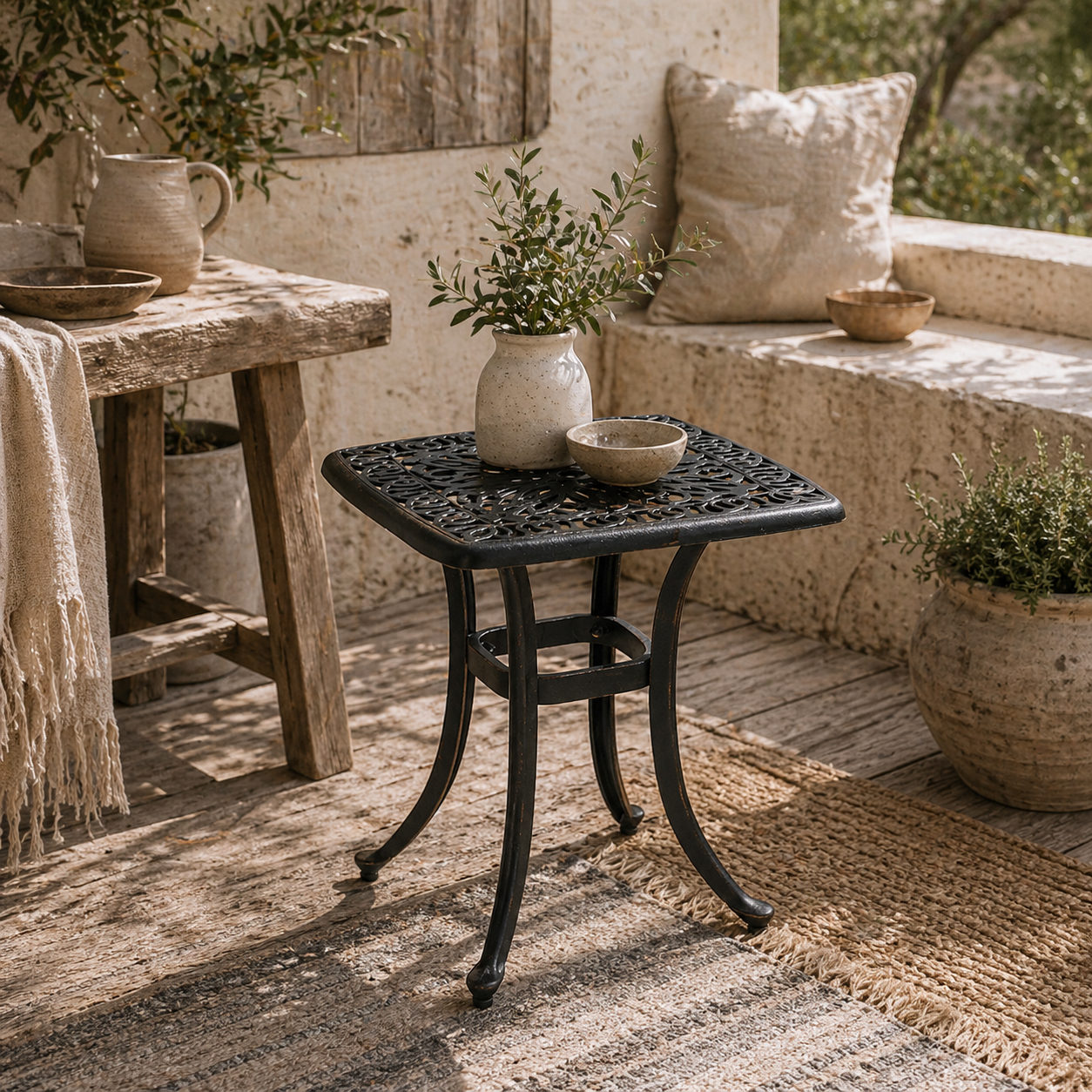 Kesa Cast Aluminium Bronze Square Outdoor Bistro Table With Umbrella Hole