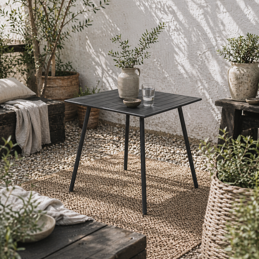 Nanodor Steel Black Square Outdoor Dining Table With Slatted Top For 4