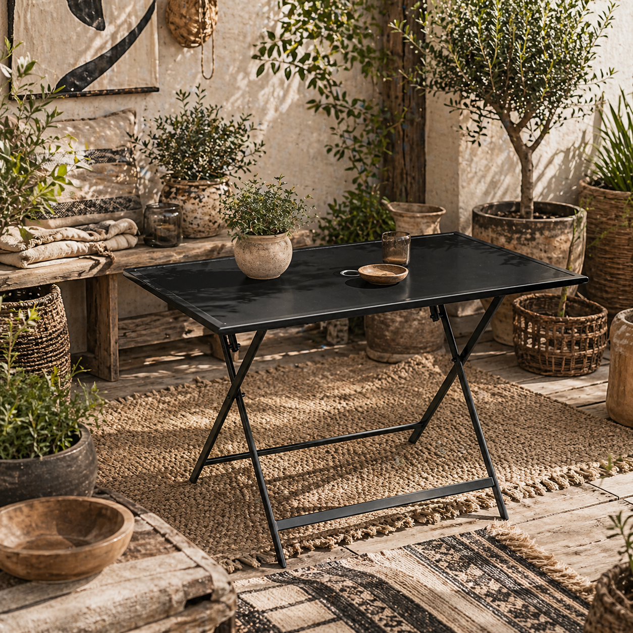 Nonila 110cm Black Steel And Glass Folding Outdoor Dining Table For 6