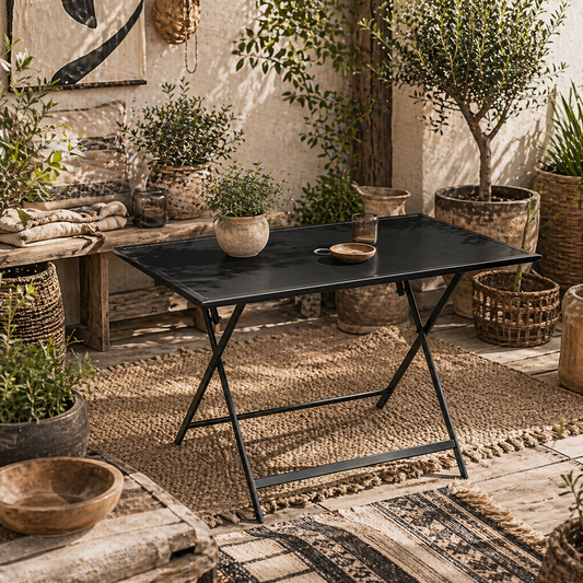 Nonila 110cm Black Steel And Glass Folding Outdoor Dining Table For 6