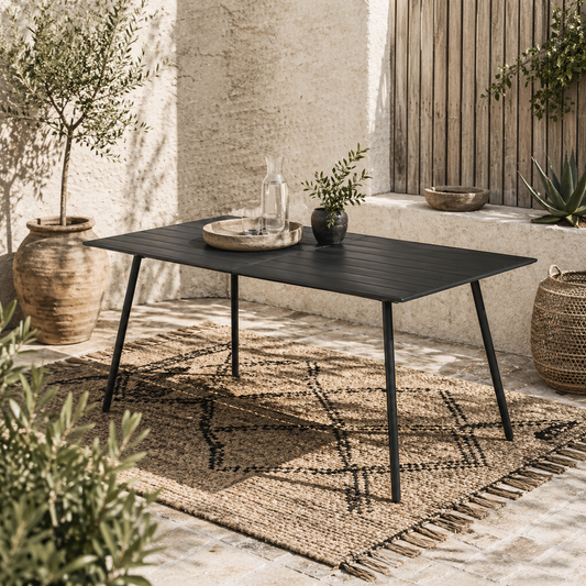 Haba Steel Black Rectangular Outdoor Dining Table With Slatted Top For 6