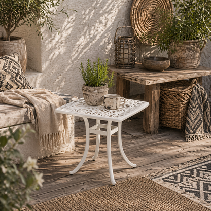 Zisu Cast Aluminium White Square Outdoor Bistro Table With Umbrella Hole