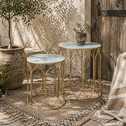 Loba Set Of 2 Marble Effect Round Nesting Outdoor Coffee Tables With Ceramic Tile Tops