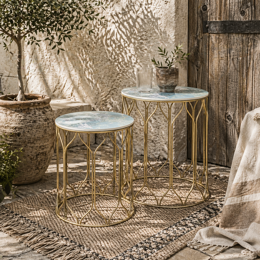 Loba Set Of 2 Marble Effect Round Nesting Outdoor Coffee Tables With Ceramic Tile Tops