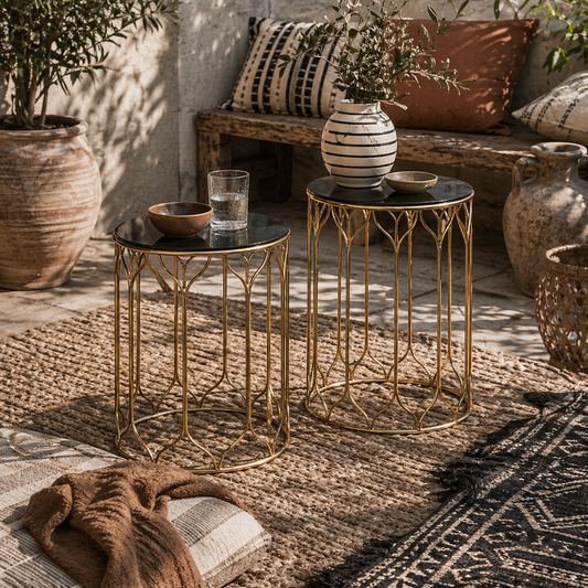 Loba Set Of 2 Metal Black Round Nesting Outdoor Coffee Tables With Ceramic Tile Tops
