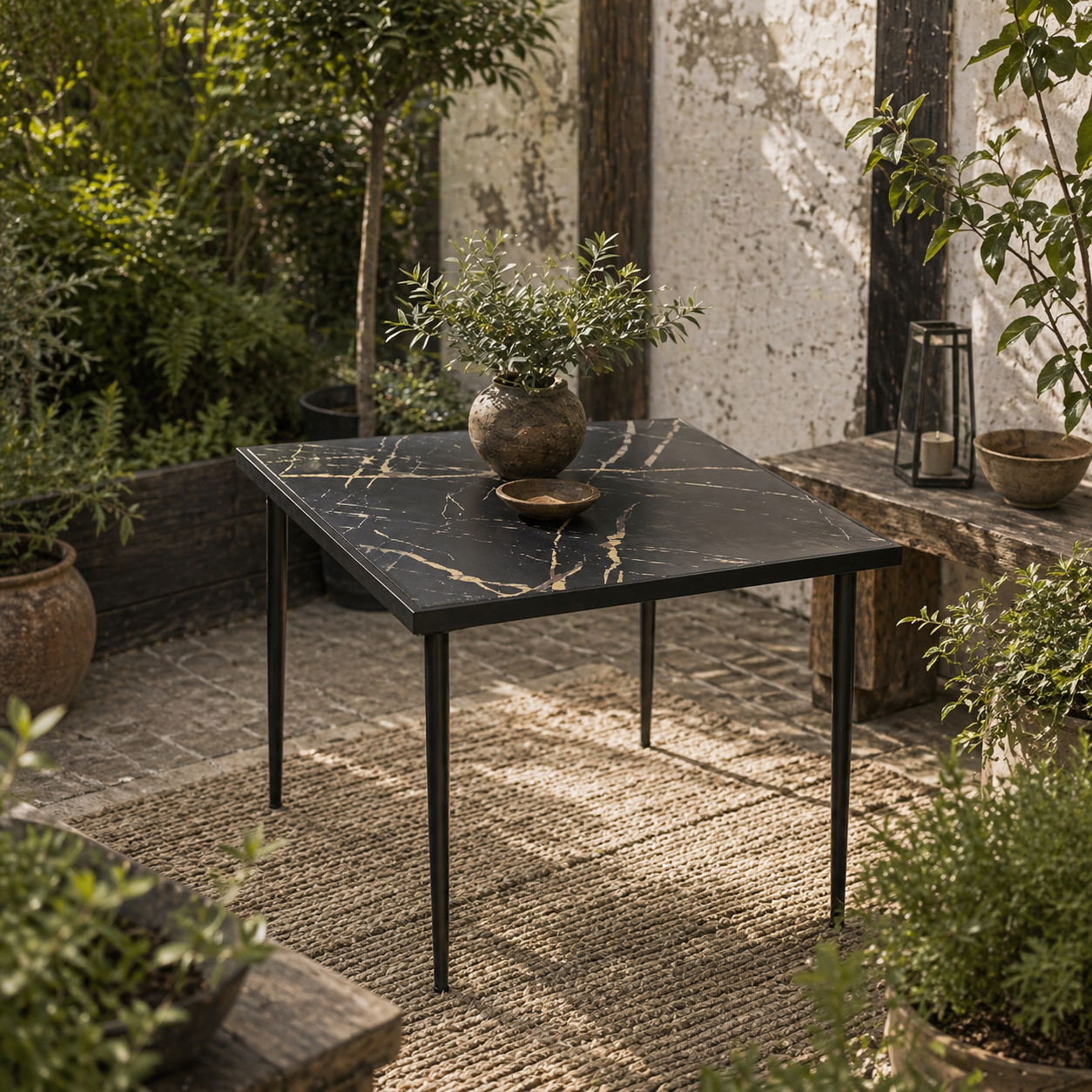 Zive 4 Seater Steel Black Square Outdoor Dining Table With Marble Effect Glass Top
