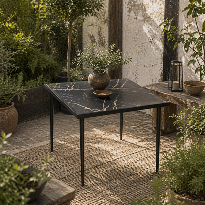 Zive 4 Seater Steel Black Square Outdoor Dining Table With Marble Effect Glass Top