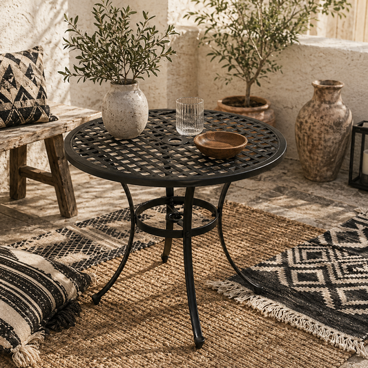 Tovedo Black Aluminium Round Outdoor Table with Central Parasol Hole