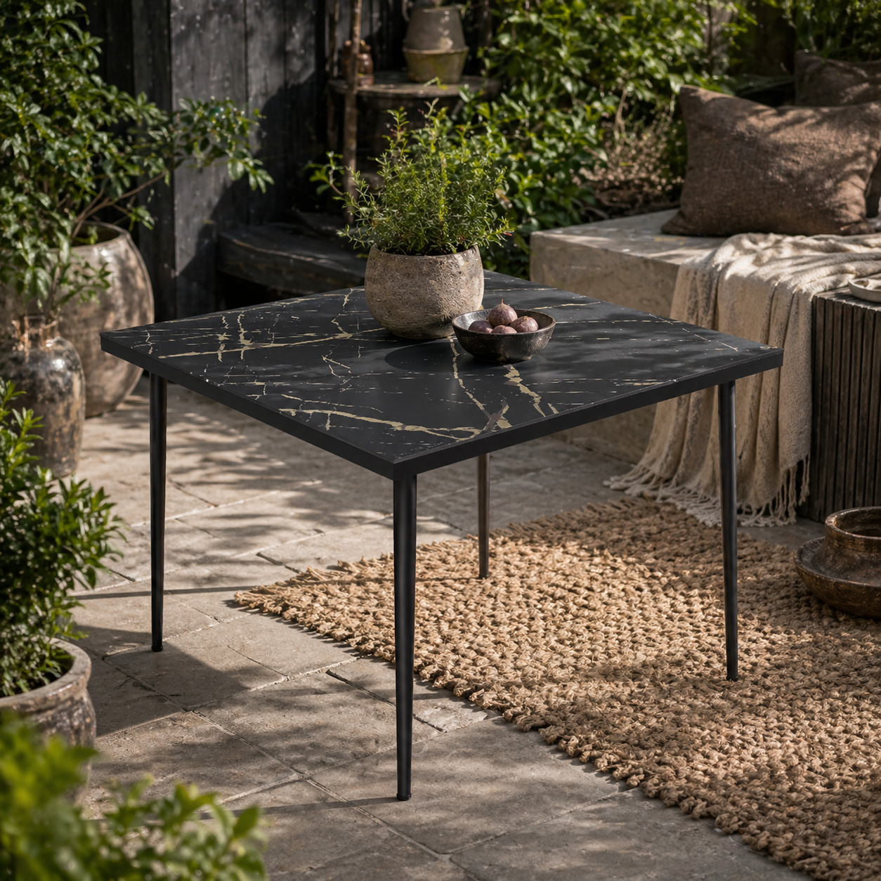Zive 4 Seater Steel Black Square Outdoor Dining Table With Marble Effect Glass Top