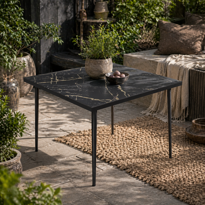 Zive 4 Seater Steel Black Square Outdoor Dining Table With Marble Effect Glass Top