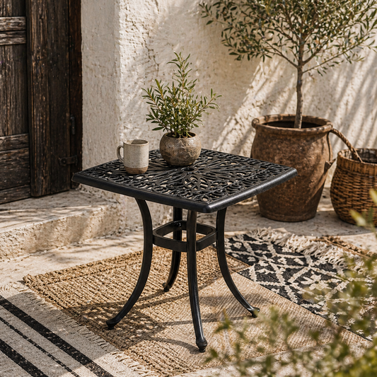 Dodo Cast Aluminium Black Square Outdoor Bistro Table With Umbrella Hole