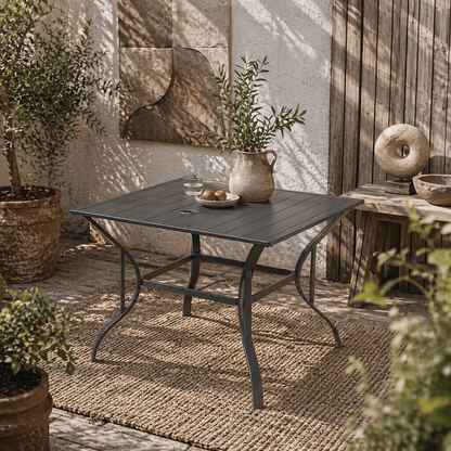 Sucodo Steel Dark Grey Square Outdoor Dining Table With Slatted Plate Top And Parasol Hole 94 x 94 cm