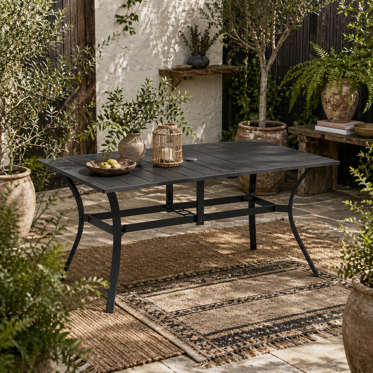 Ludo 150cm Steel Black Rectangular Garden Dining Table With Slatted Top And Parasol Hole