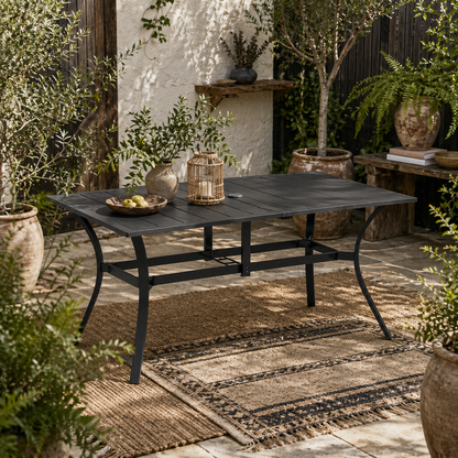 Ludo 150cm Steel Black Rectangular Garden Dining Table With Slatted Top And Parasol Hole