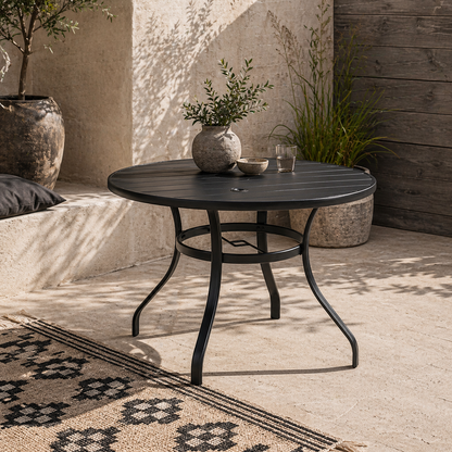 Yomimi 4 Seater Steel Black Round Outdoor Dining Table With Slatted Top And Parasol Hole