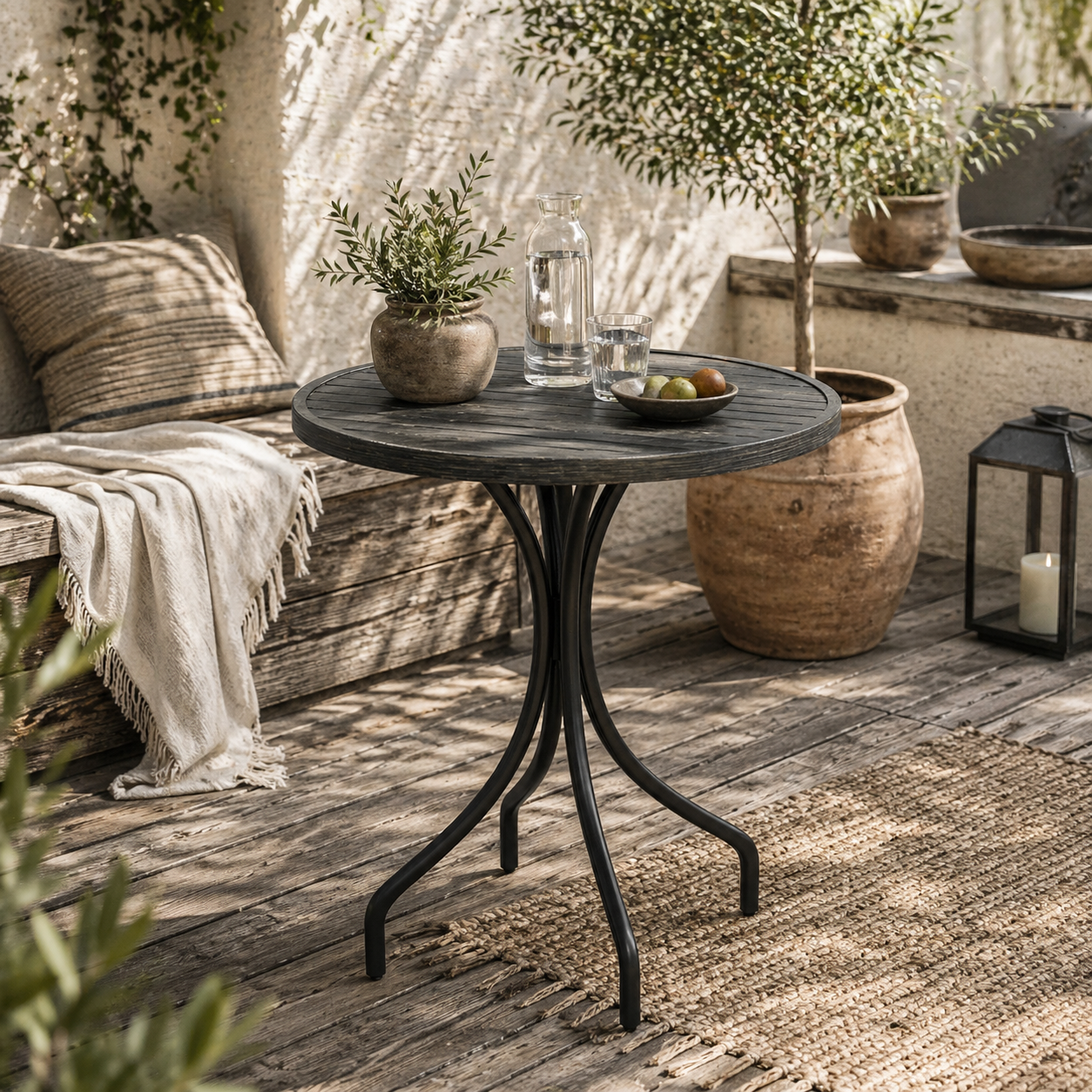 Nari Galvanised Steel Grey Round Garden Table Slatted Design