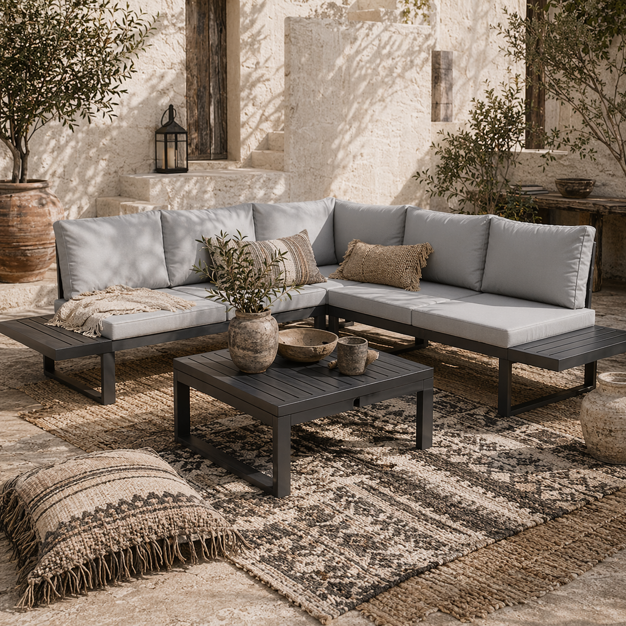 Nelire Light Grey 5 Seater Reclining Corner Garden Sofa Set With Wood Effect Table