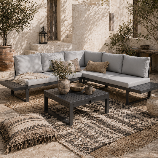 Nelire Light Grey 5 Seater Reclining Corner Garden Sofa Set With Wood Effect Table
