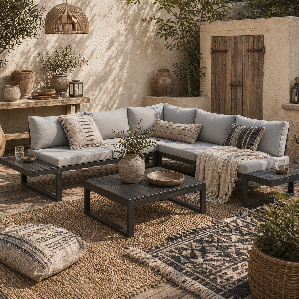 Nelire Light Grey 5 Seater Reclining Corner Garden Sofa Set With Wood Effect Table