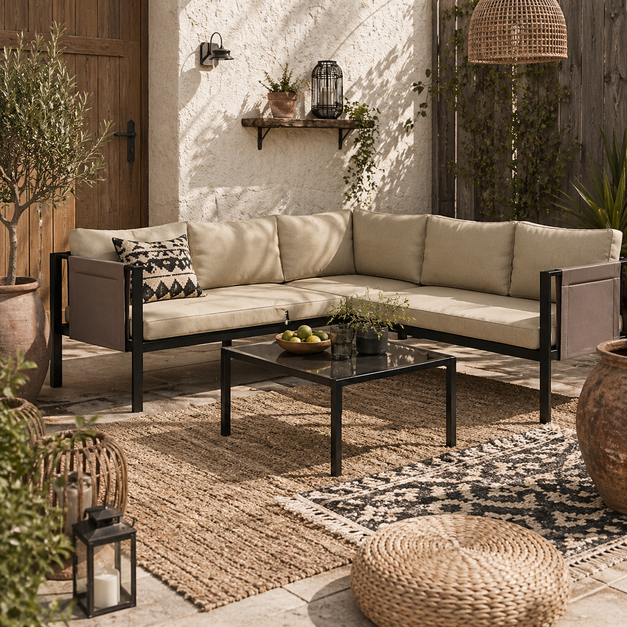 Cichetti Beige 5 Seater Corner Garden Sofa Set With Glass Top Coffee Table And Cushions