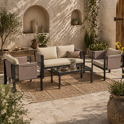 Namato Beige 4 Seater Outdoor Sofa Set With Glass Table and Side Pockets