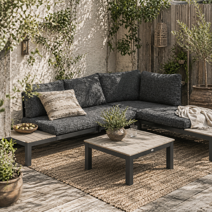 Tozitello Aluminium Dark Grey 3 Piece Corner Garden Sofa Set With Coffee Table And 2 Side Tables