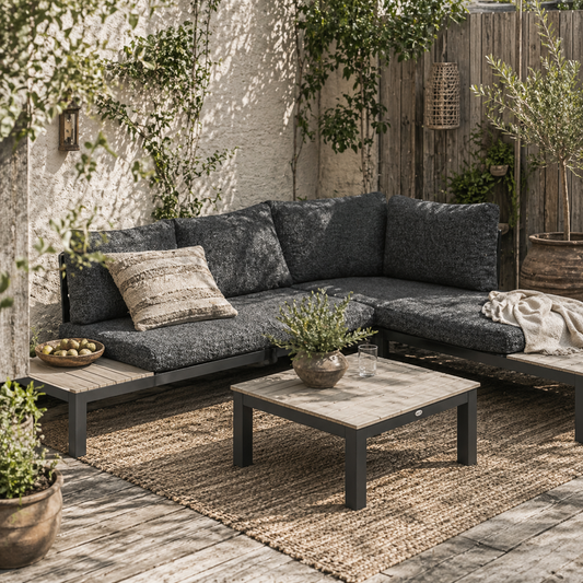 Tozitello Aluminium Dark Grey 3 Piece Corner Garden Sofa Set With Coffee Table And 2 Side Tables