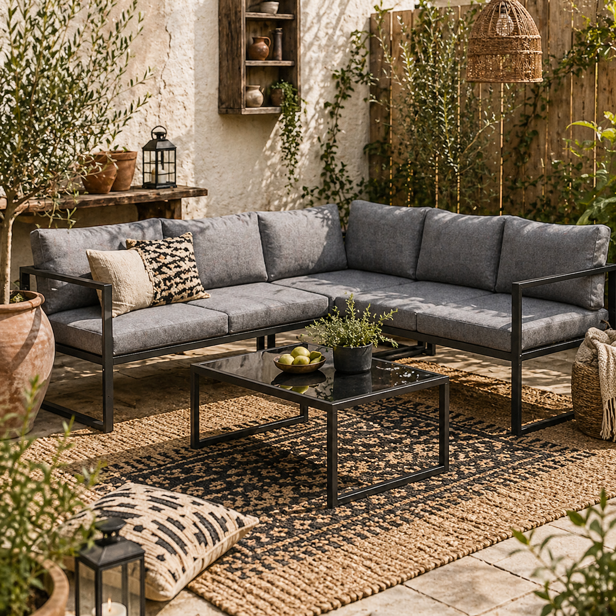 Liketti Metal Grey 5 Seater L Shaped Garden Sofa Set With Cushions and Glass Table