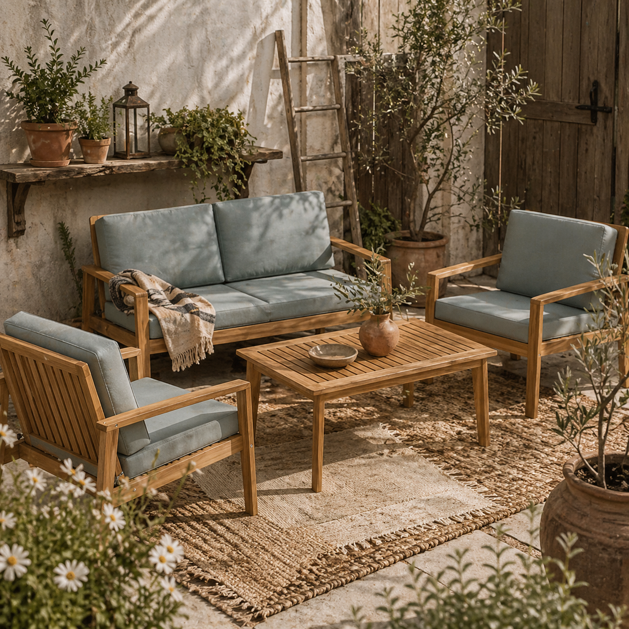 Rotoyo Teak Wood 4 Seater Outdoor Garden Furniture Set with Grey Cushions