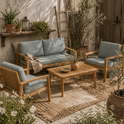 Rotoyo Teak Wood 4 Seater Outdoor Garden Furniture Set with Grey Cushions